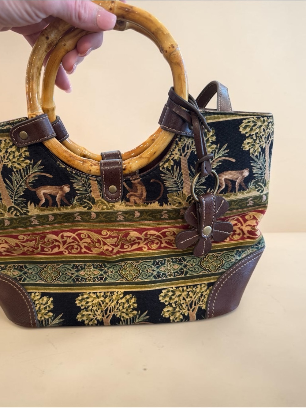 Floral Y2K Tapestry Bamboo-Handle Tote in Black and Brown-EUC!